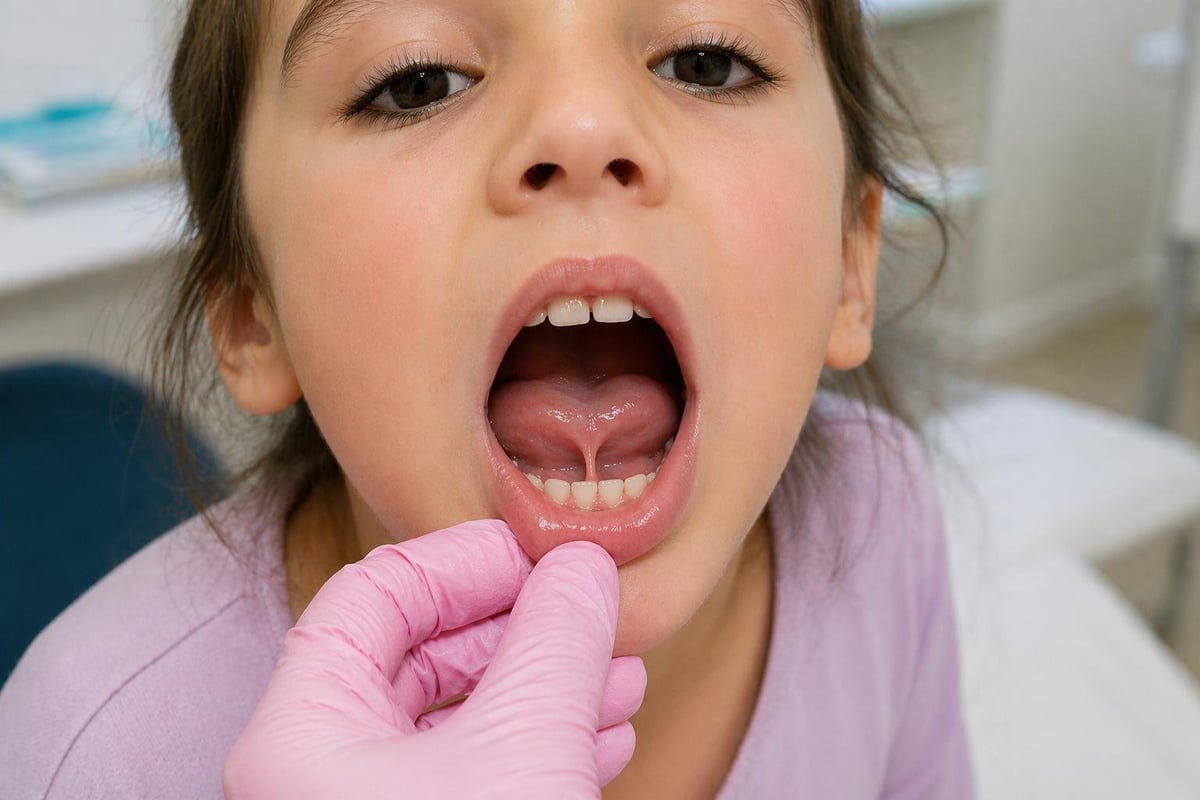 Child undergoing oral examination with healthcare provider wearing pink gloves checking inside childs mouth