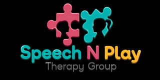 Speech N Play Therapy Group logo featuring two colorful puzzle pieces in pink and cyan with text on black background